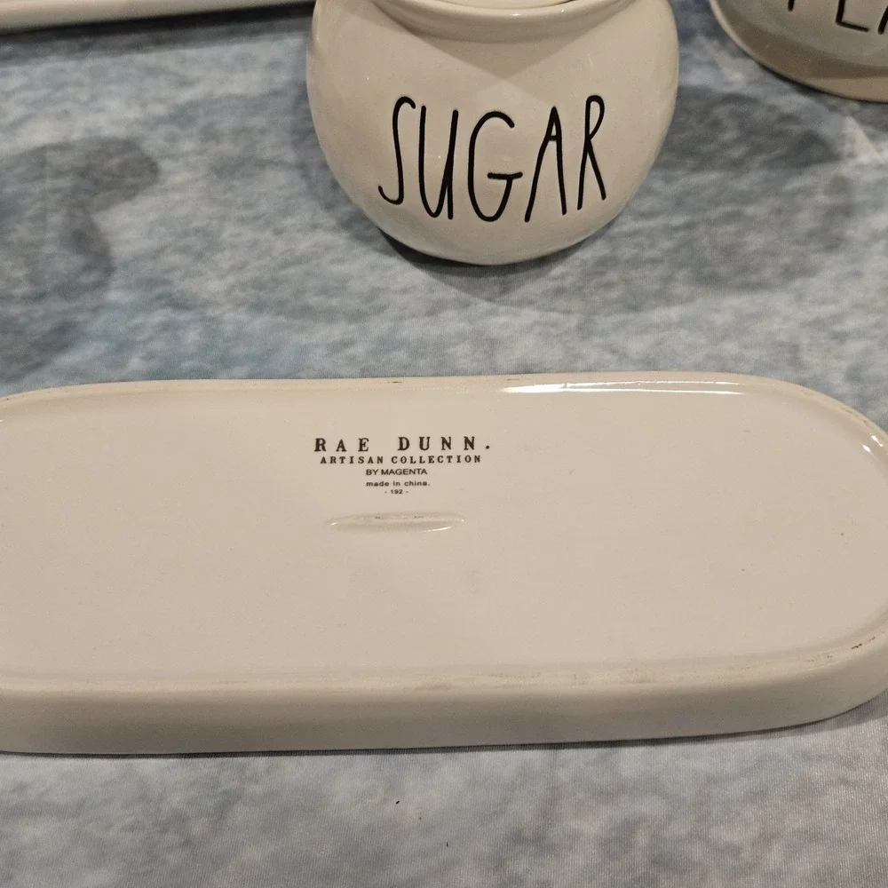 Rae Dunn Kitchen Set TEA Teapot Cream‎ Sugar Butter Dish SOFTEN UP 5pc Artisan